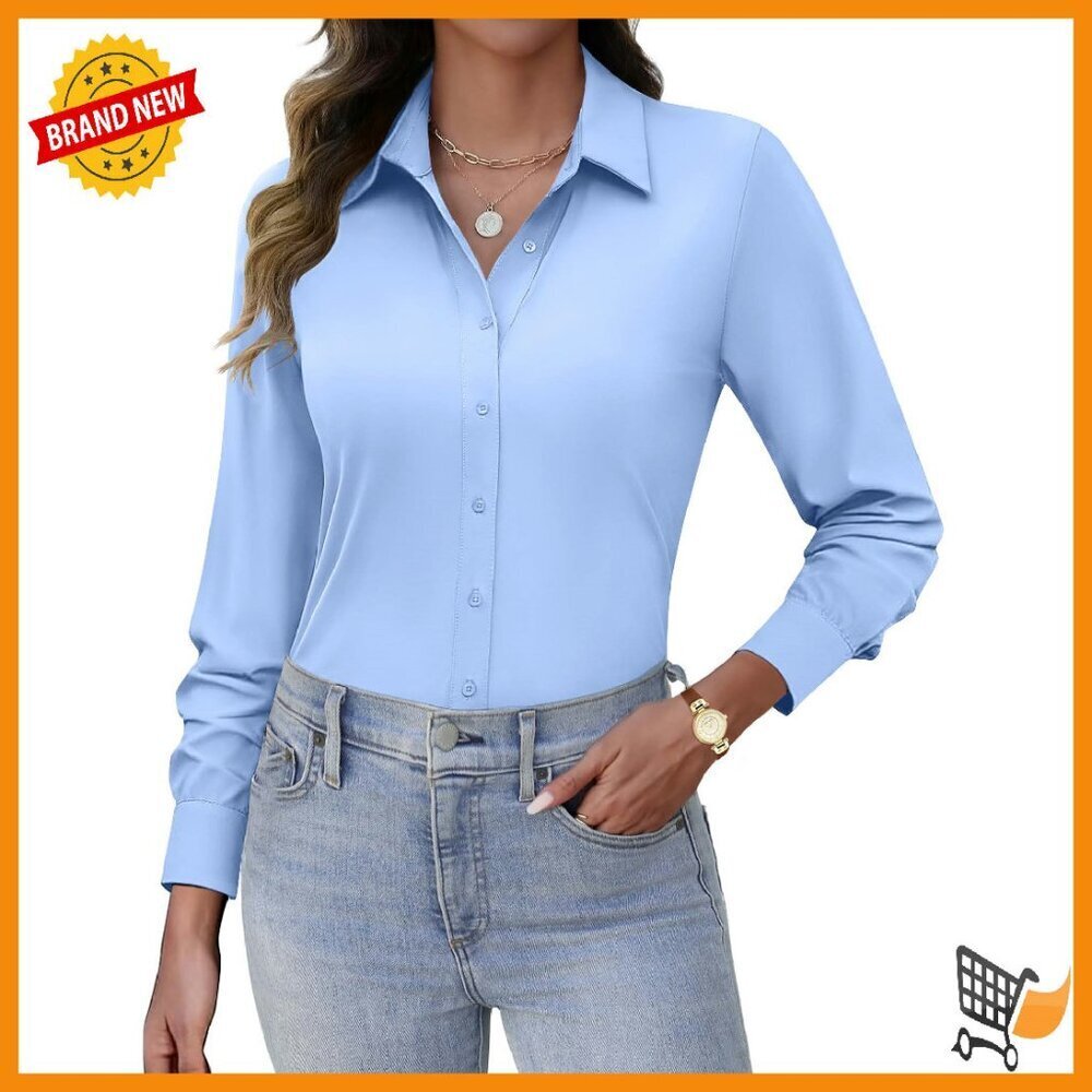 Stretch Fit Long Sleeve Button Down Shirt Wrinkle-Free Office Blouse